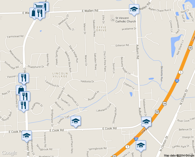 map of restaurants, bars, coffee shops, grocery stores, and more near 8030 Sakaden Parkway in Fort Wayne