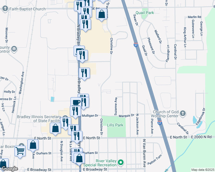 map of restaurants, bars, coffee shops, grocery stores, and more near 800 Christine Drive in Bradley