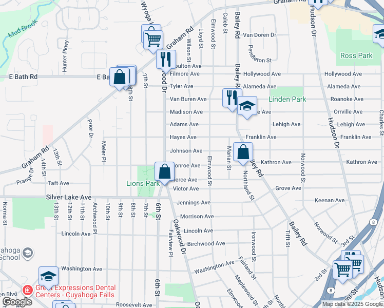 map of restaurants, bars, coffee shops, grocery stores, and more near 260 Johnson Avenue in Cuyahoga Falls