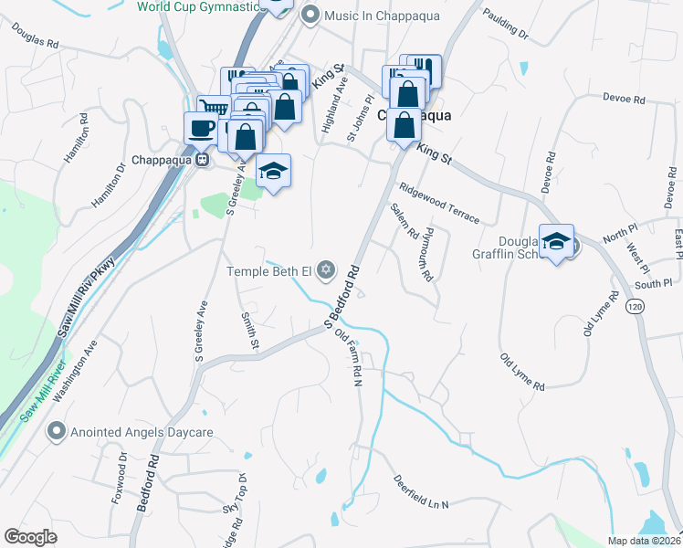 map of restaurants, bars, coffee shops, grocery stores, and more near 190 South Bedford Road in Chappaqua