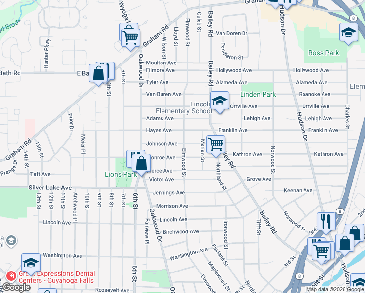 map of restaurants, bars, coffee shops, grocery stores, and more near 206 Johnson Avenue in Cuyahoga Falls
