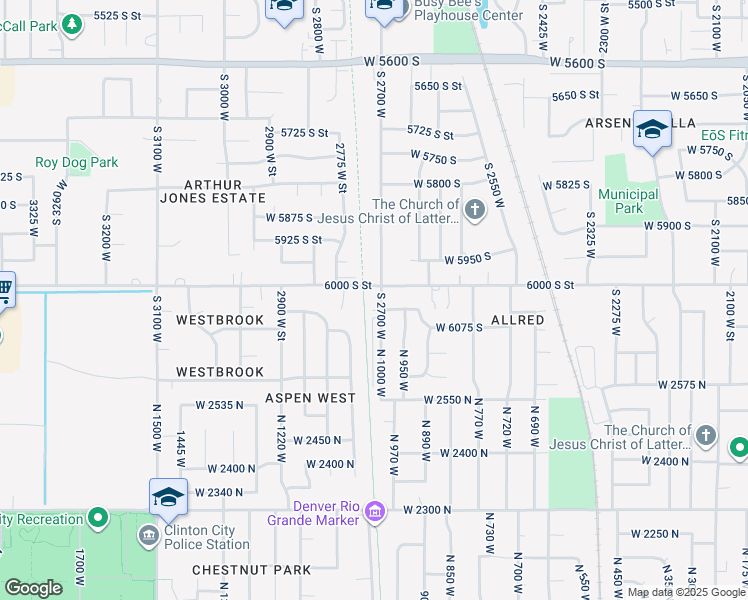 map of restaurants, bars, coffee shops, grocery stores, and more near 6029 2700 West in Roy