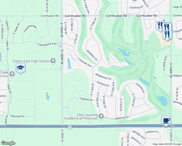 map of restaurants, bars, coffee shops, grocery stores, and more near 10534 South 176th Street in Omaha