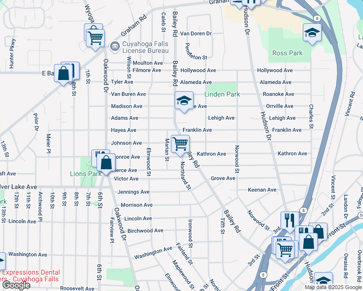 map of restaurants, bars, coffee shops, grocery stores, and more near 3044 Bailey Road in Cuyahoga Falls