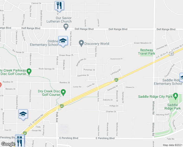 map of restaurants, bars, coffee shops, grocery stores, and more near 5404 Eastview Street in Cheyenne
