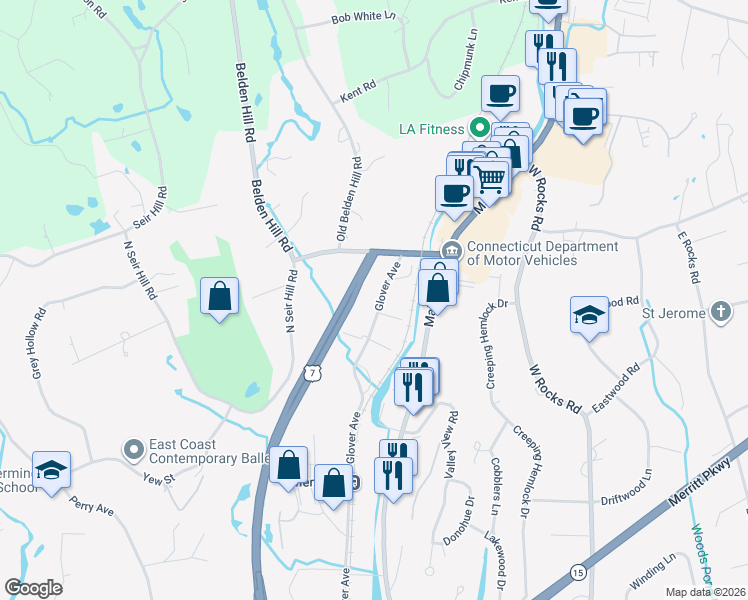 map of restaurants, bars, coffee shops, grocery stores, and more near 171 Glover Avenue in Norwalk