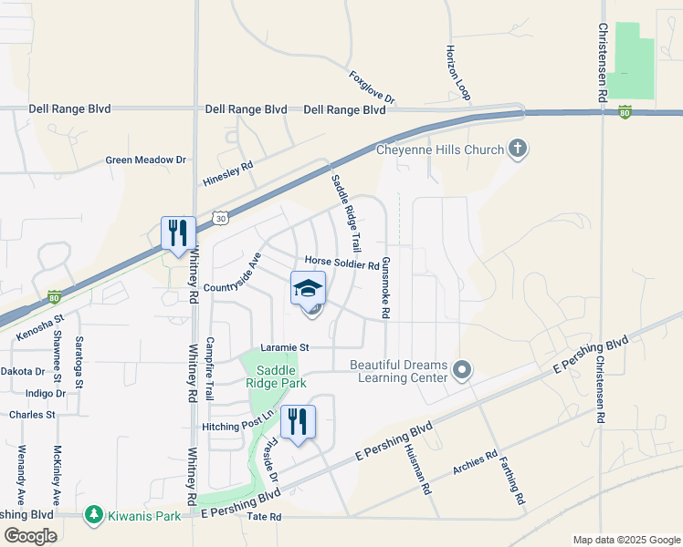 map of restaurants, bars, coffee shops, grocery stores, and more near 3825 Raindancer Trail in Cheyenne