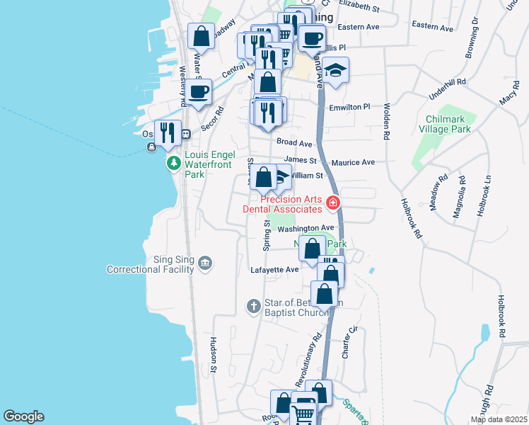 map of restaurants, bars, coffee shops, grocery stores, and more near 210 Spring Street in Ossining