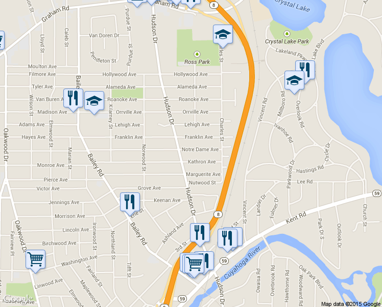 map of restaurants, bars, coffee shops, grocery stores, and more near 642 Notre Dame Ave in Cuyahoga Falls