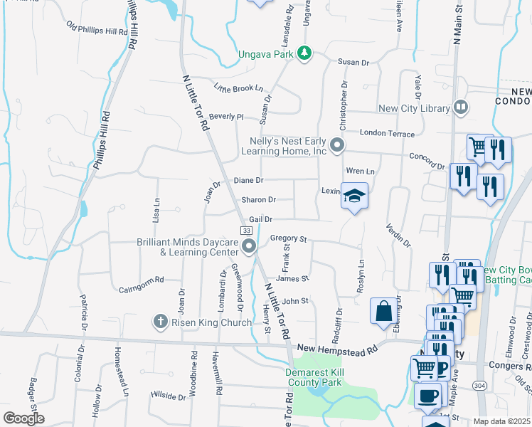 map of restaurants, bars, coffee shops, grocery stores, and more near 22 Gail Drive in New City