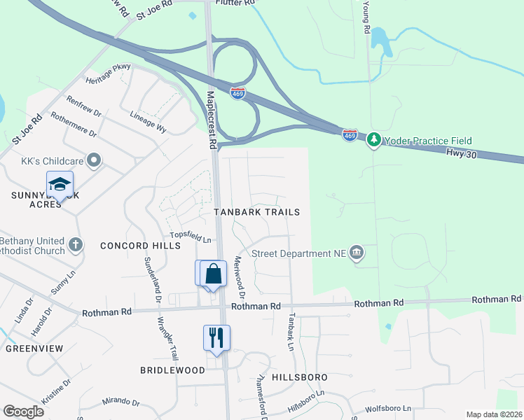 map of restaurants, bars, coffee shops, grocery stores, and more near 7814 Ridgeside Lane in Fort Wayne