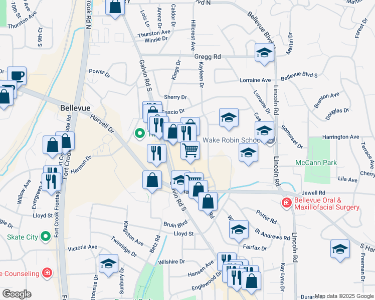 map of restaurants, bars, coffee shops, grocery stores, and more near 701 Galvin Road South in Bellevue
