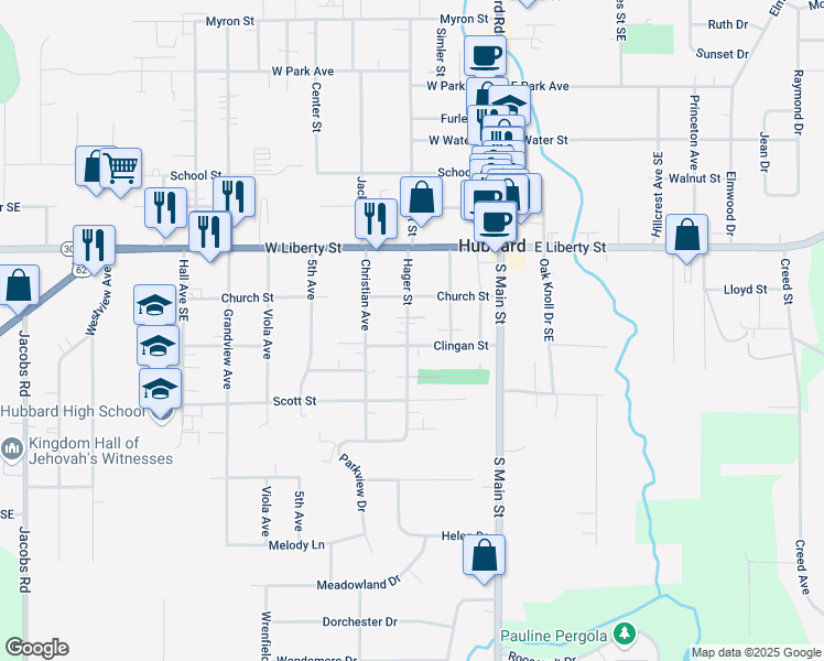 map of restaurants, bars, coffee shops, grocery stores, and more near 147 Hager Street in Hubbard