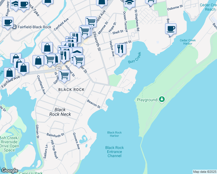 map of restaurants, bars, coffee shops, grocery stores, and more near 219 Brewster Street in Bridgeport