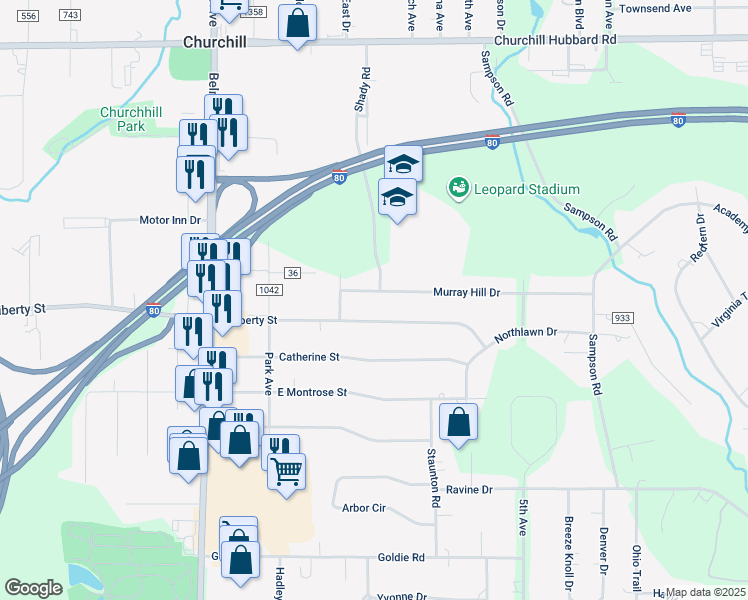 map of restaurants, bars, coffee shops, grocery stores, and more near 505 Murray Hill Drive in Youngstown