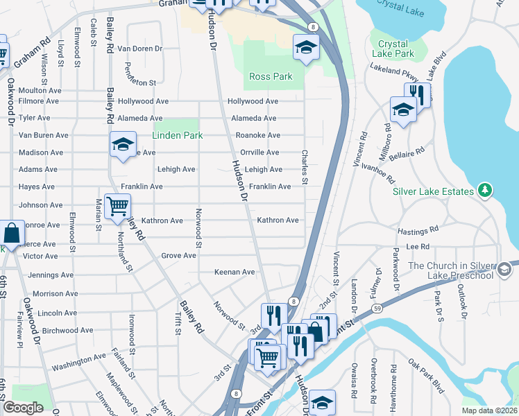 map of restaurants, bars, coffee shops, grocery stores, and more near 642 Notre Dame Avenue in Cuyahoga Falls
