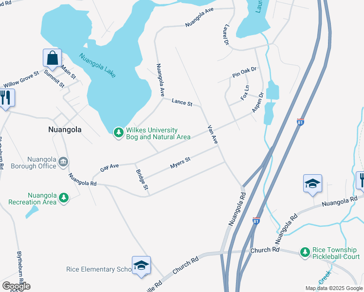 map of restaurants, bars, coffee shops, grocery stores, and more near 30 Ridge Street in Nuangola