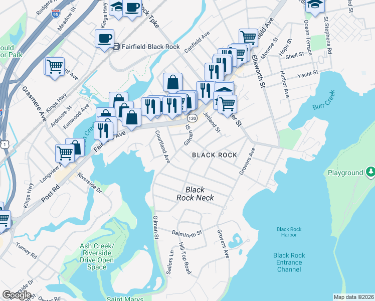map of restaurants, bars, coffee shops, grocery stores, and more near 46 Garden Terrace in Bridgeport