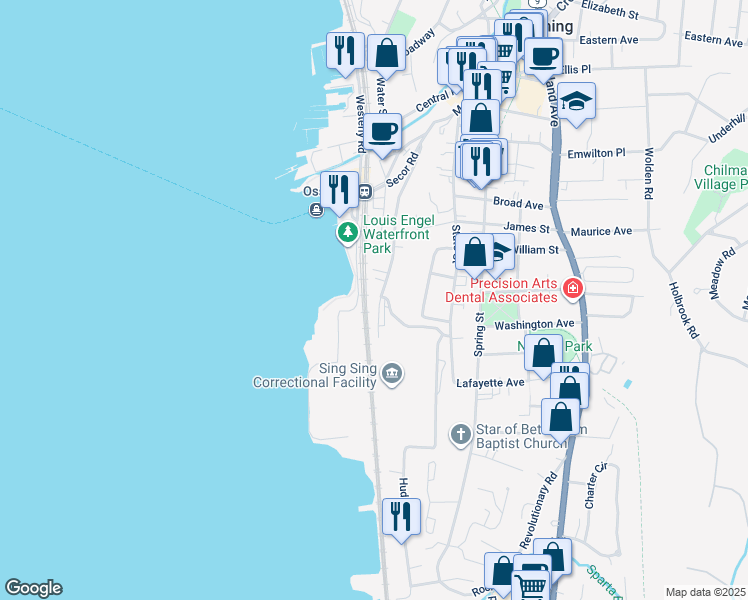 map of restaurants, bars, coffee shops, grocery stores, and more near 96 Hunter Street in Ossining