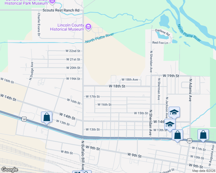 map of restaurants, bars, coffee shops, grocery stores, and more near 2300-2416 W 18th St in North Platte