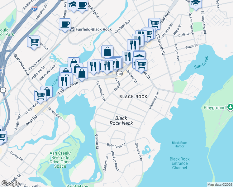 map of restaurants, bars, coffee shops, grocery stores, and more near 46 Garden Terrace in Bridgeport