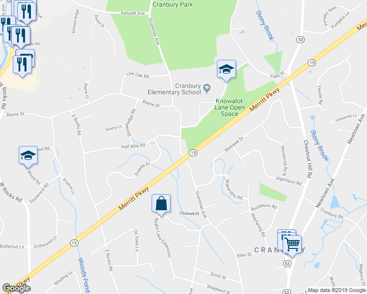 map of restaurants, bars, coffee shops, grocery stores, and more near 218 Grumman Avenue in Norwalk