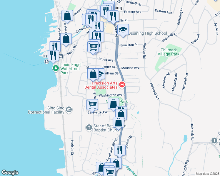 map of restaurants, bars, coffee shops, grocery stores, and more near 16 Everett Avenue in Ossining