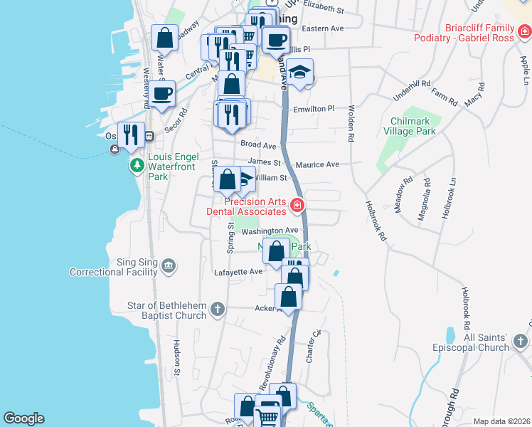 map of restaurants, bars, coffee shops, grocery stores, and more near 16 Everett Avenue in Ossining