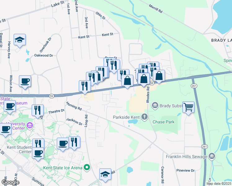 map of restaurants, bars, coffee shops, grocery stores, and more near 1720 East Main Street in Kent