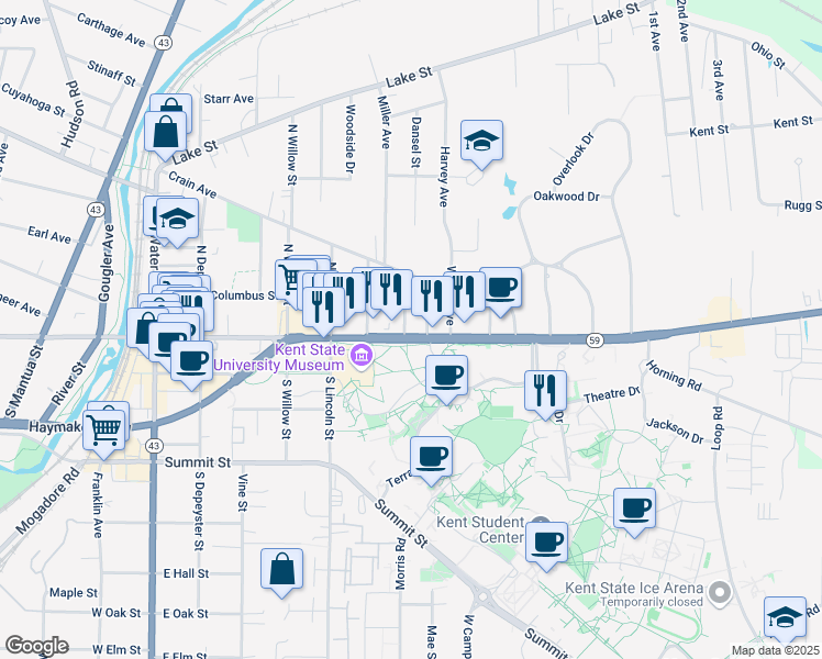map of restaurants, bars, coffee shops, grocery stores, and more near 715 East Main Street in Kent
