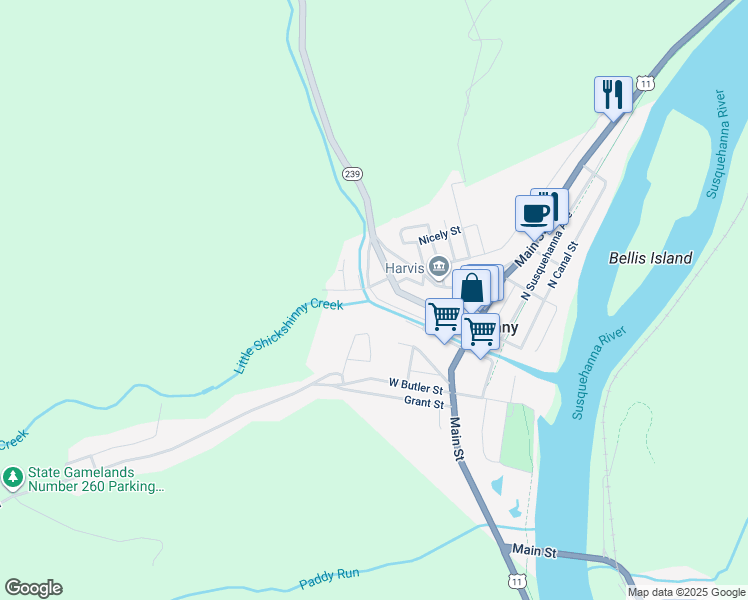 map of restaurants, bars, coffee shops, grocery stores, and more near 21 Glen Ave in Shickshinny