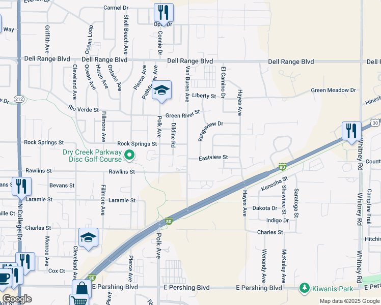 map of restaurants, bars, coffee shops, grocery stores, and more near 4005 Van Buren Avenue in Cheyenne
