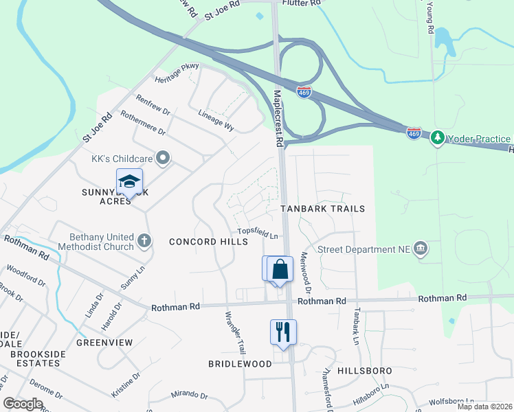 map of restaurants, bars, coffee shops, grocery stores, and more near 7810 Harrisburg Ln in Fort Wayne