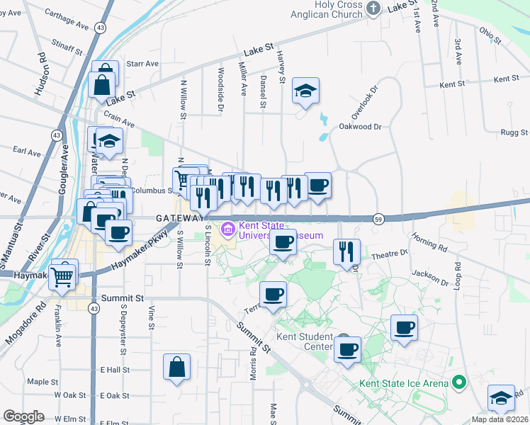 map of restaurants, bars, coffee shops, grocery stores, and more near 715 East Main Street in Kent