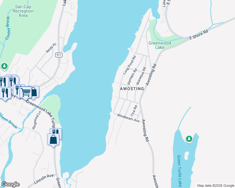 map of restaurants, bars, coffee shops, grocery stores, and more near 214 Long Pond Road in West Milford