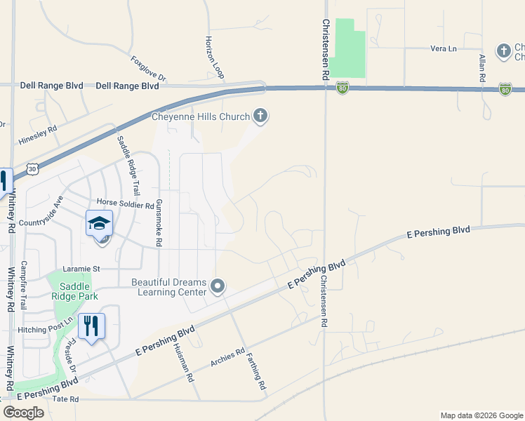map of restaurants, bars, coffee shops, grocery stores, and more near in Warren Air Force Base