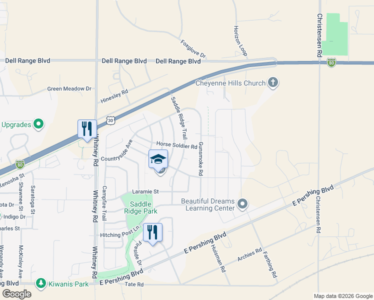map of restaurants, bars, coffee shops, grocery stores, and more near 6967 Horse Soldier Road in Cheyenne