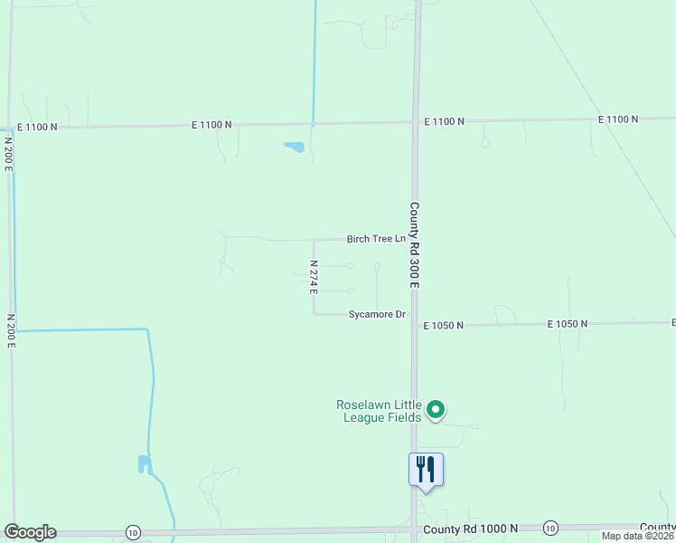 map of restaurants, bars, coffee shops, grocery stores, and more near 2801 East 1065 North in De Motte