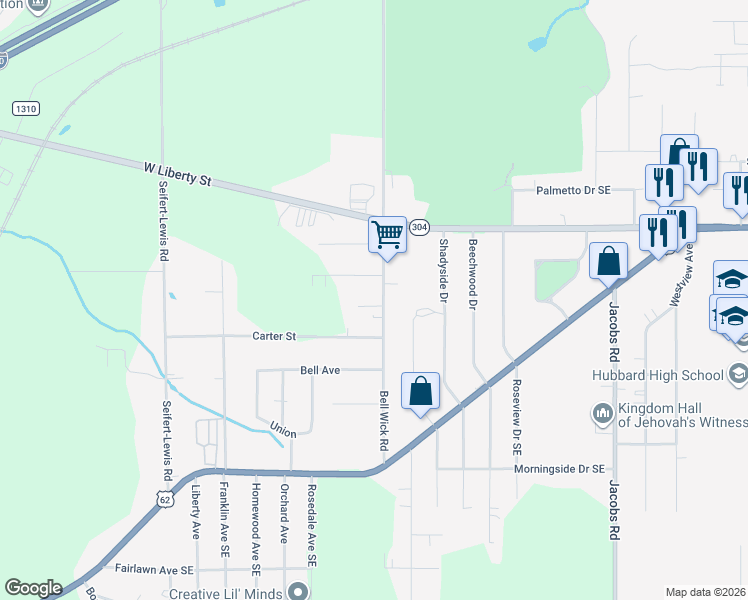 map of restaurants, bars, coffee shops, grocery stores, and more near 3284 Bell Wick Rd in Hubbard
