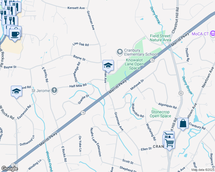 map of restaurants, bars, coffee shops, grocery stores, and more near 218 Grumman Avenue in Norwalk