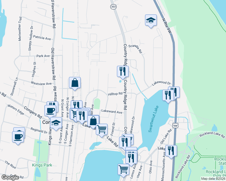 map of restaurants, bars, coffee shops, grocery stores, and more near 27 Hilltop Road in Congers