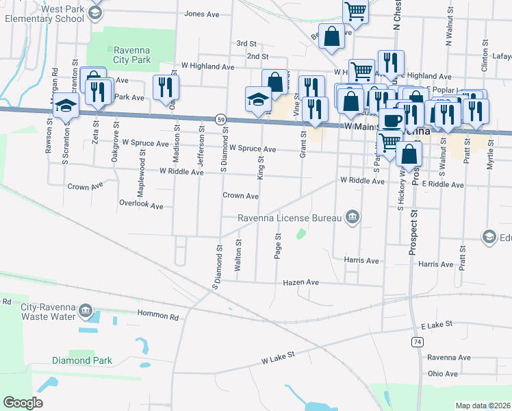 map of restaurants, bars, coffee shops, grocery stores, and more near 430 King Street in Ravenna