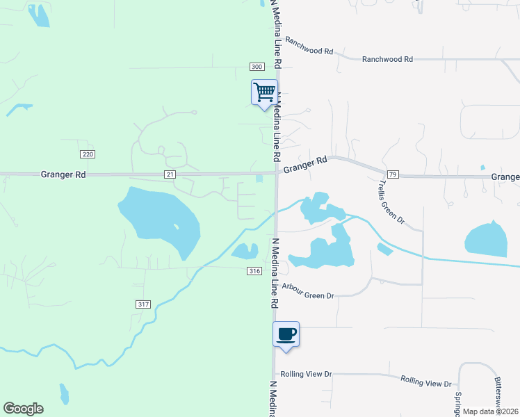 map of restaurants, bars, coffee shops, grocery stores, and more near 660 North Medina Line Road in Medina
