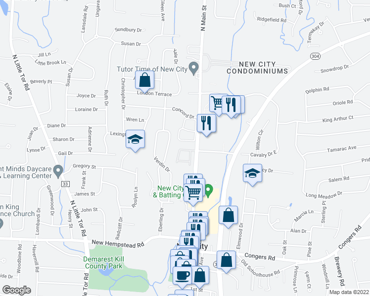 map of restaurants, bars, coffee shops, grocery stores, and more near 4 Omni Court in New City