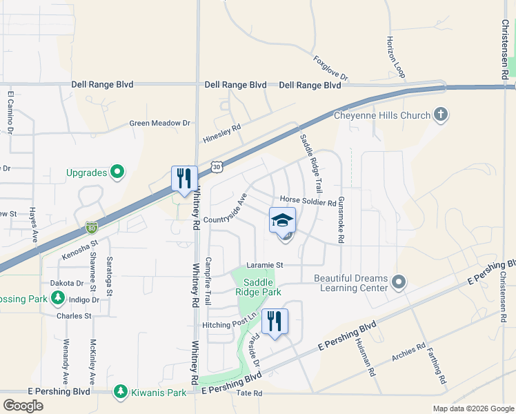 map of restaurants, bars, coffee shops, grocery stores, and more near 6224 Wilderness Trail in Cheyenne
