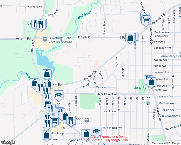 map of restaurants, bars, coffee shops, grocery stores, and more near 263 Graham Road in Cuyahoga Falls