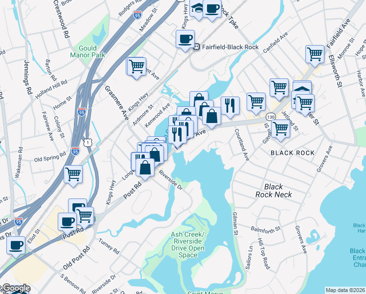 map of restaurants, bars, coffee shops, grocery stores, and more near 3431 Fairfield Avenue in Bridgeport
