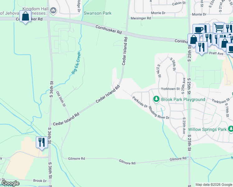 map of restaurants, bars, coffee shops, grocery stores, and more near 10519 Cedar Island Road in Bellevue