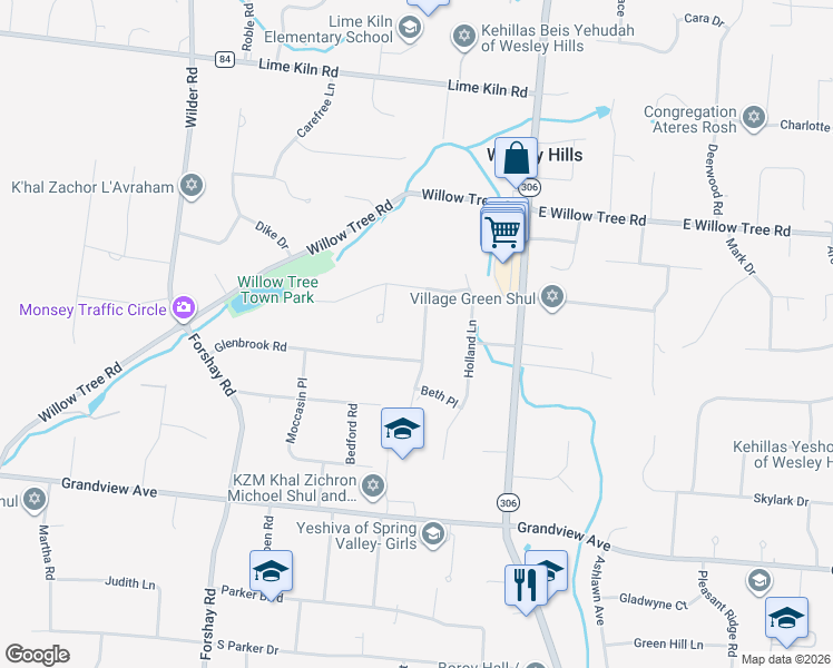 map of restaurants, bars, coffee shops, grocery stores, and more near 49 Windmill Drive in Monsey