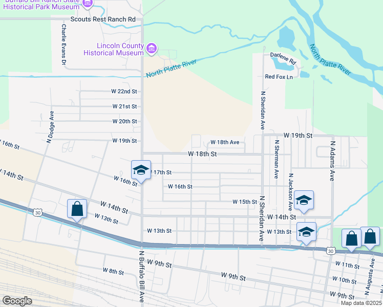 map of restaurants, bars, coffee shops, grocery stores, and more near 2300 West 18th Street in North Platte